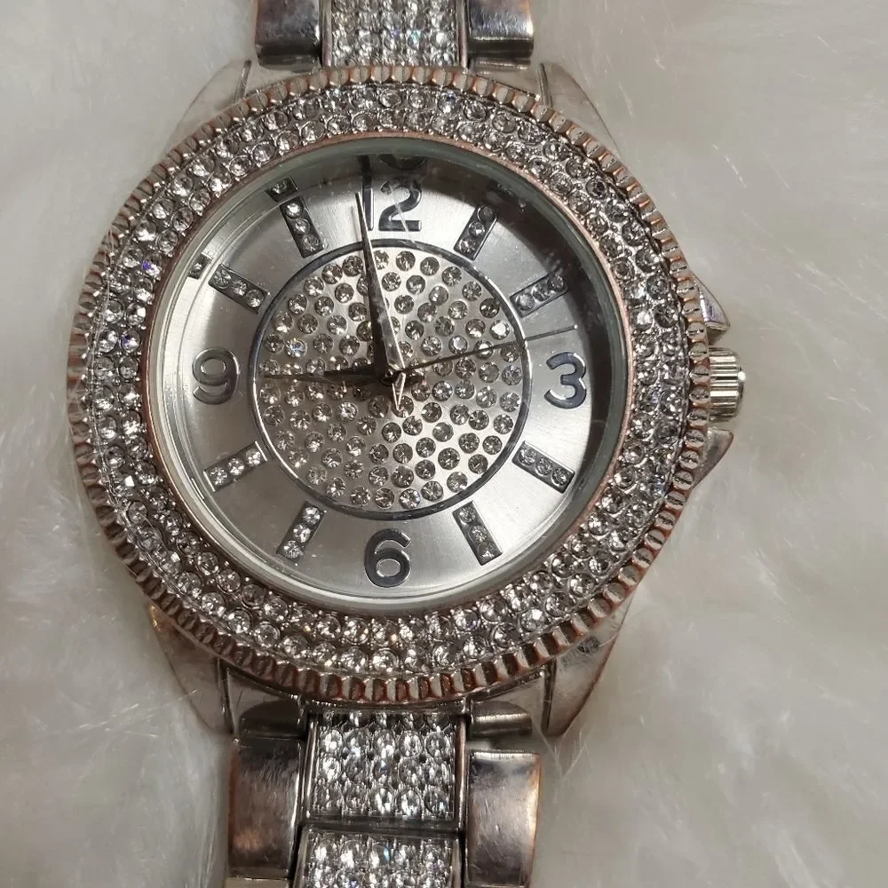 Accutime Silver Stainless Steel Rhinestone Watch
